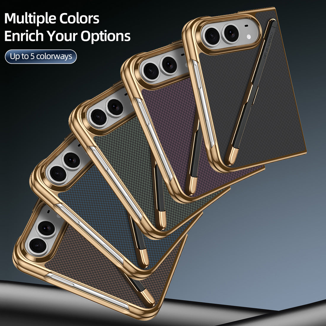 Lineup of Kevlar pen slot folding cases for iPhone DUO displayed in 5 colors Brown, Blue, Green, Purple, and Black, featuring gold electroplated frames and rear stylus pens.