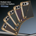 Stacked lineup of Kevlar pen slot folding cases for iPhone DUO showcasing all 5 available colorways with gold electroplated borders and matching stylus pens.