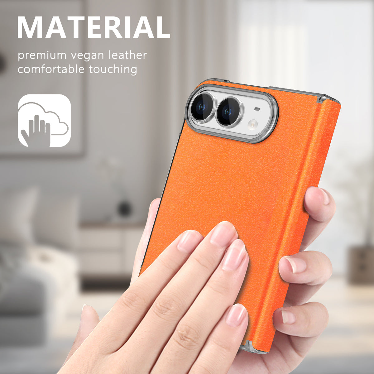 Sunset orange vegan leather protective case for iPhone DUO being held in hand showing comfortable texture and grip