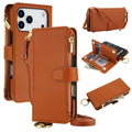Tan brown leather wallet phone case composite with views including a rear camera cut-out, adjustable crossbody strap, and an open view showing card slots, cash pocket, and a detached smartphone.