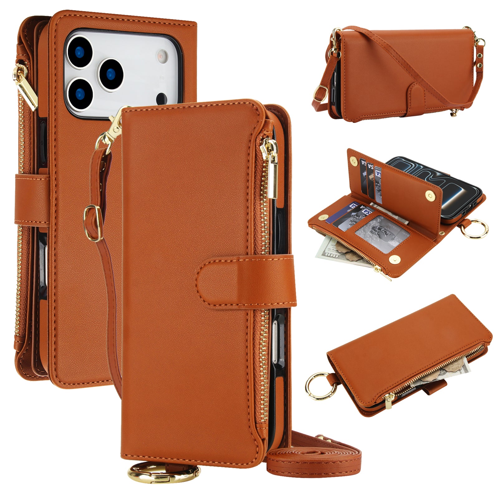 Tan brown leather wallet phone case composite with views including a rear camera cut-out, adjustable crossbody strap, and an open view showing card slots, cash pocket, and a detached smartphone.