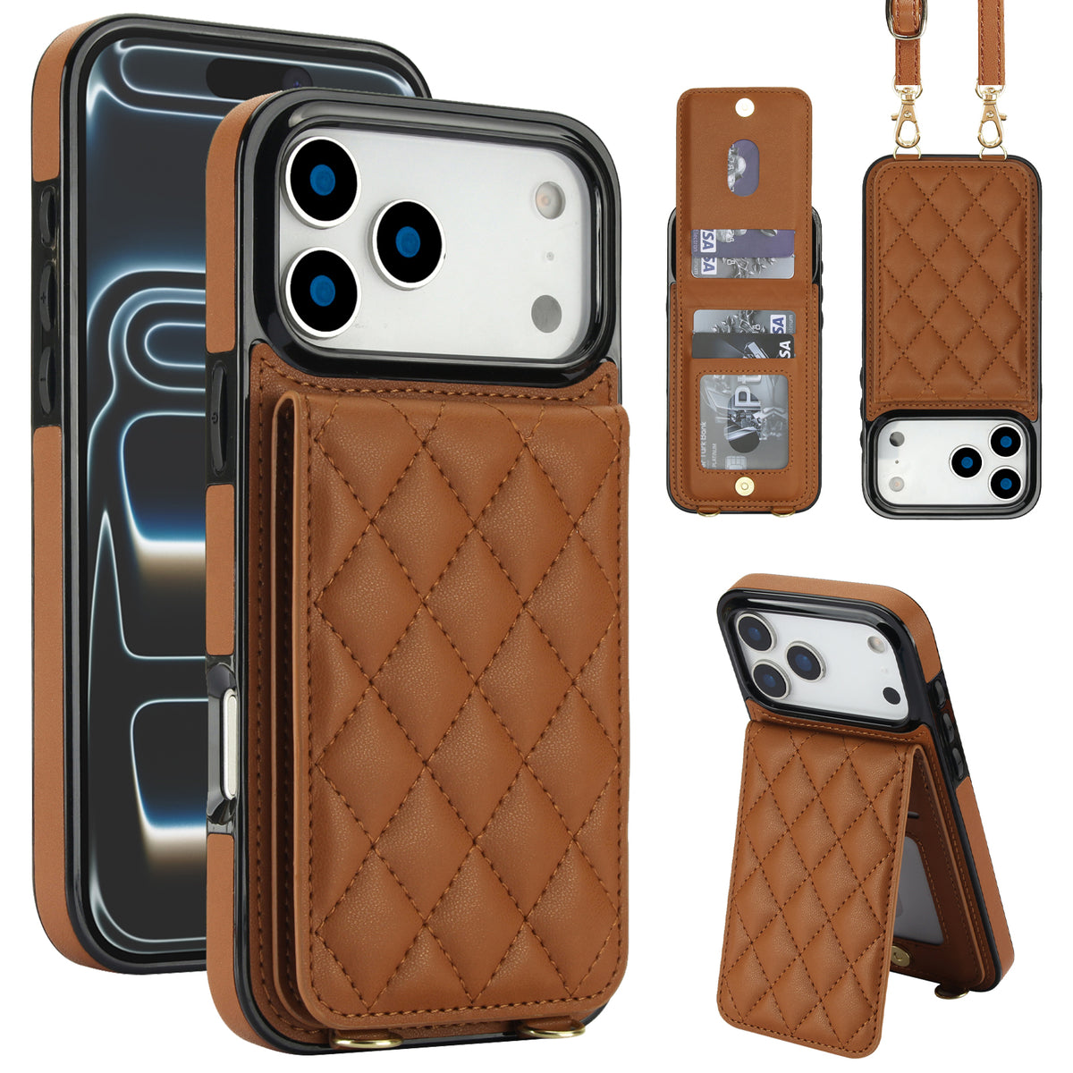 Tan brown quilted leather crossbody wallet phone cover displaying open card slot flap, kickstand angle, and adjustable strap attachments.
