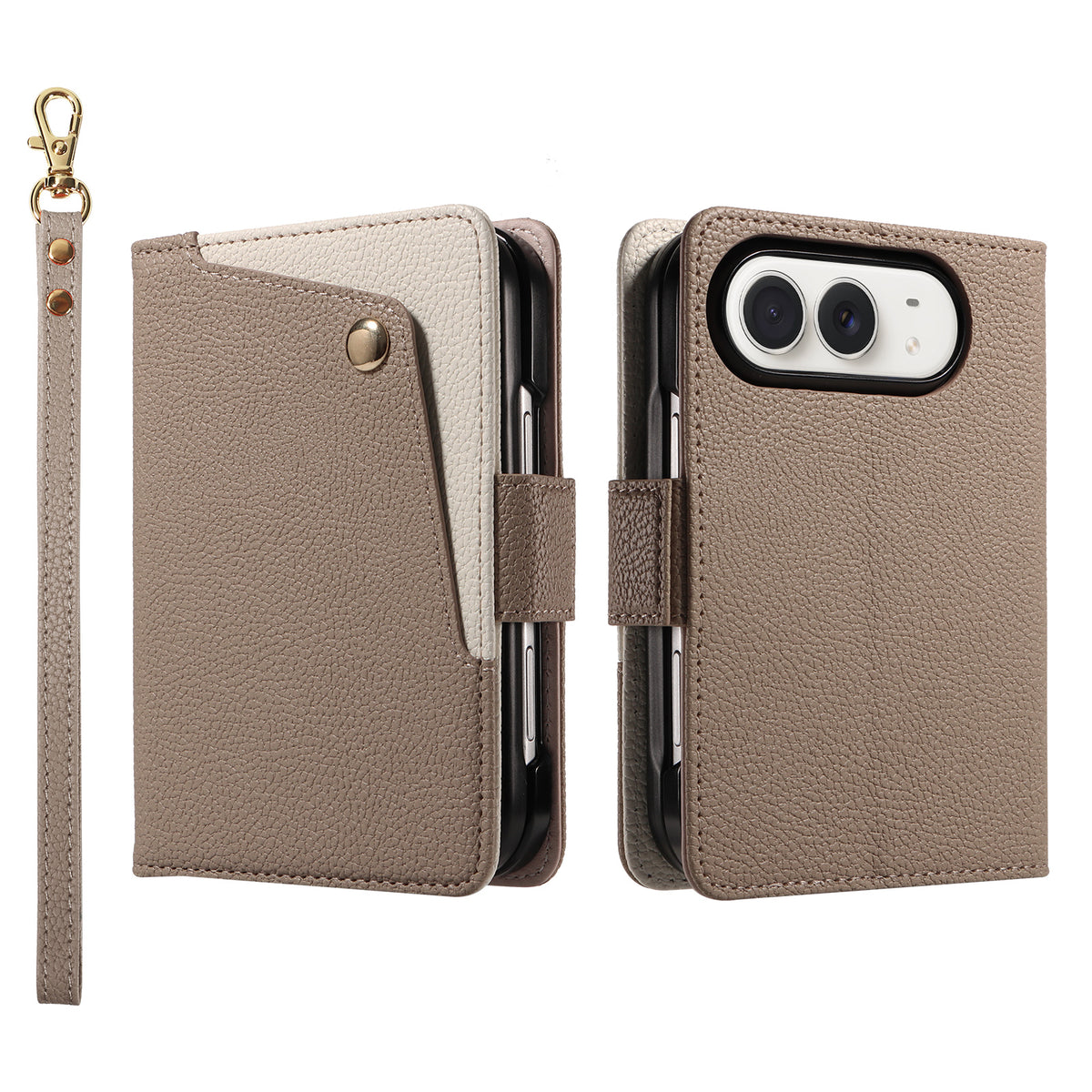 Taupe brown dual-tone leather wallet case for iPhone DUO showing the front snap button pocket, camera lens protection cutout, and matching wrist lanyard.