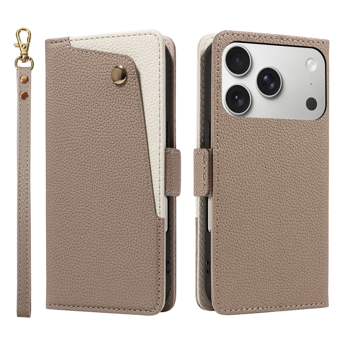 Taupe brown dual-tone leather wallet case for iPhone displaying the front cover with a brass snap button pocket, back camera lens cutout, and wristlet lanyard.