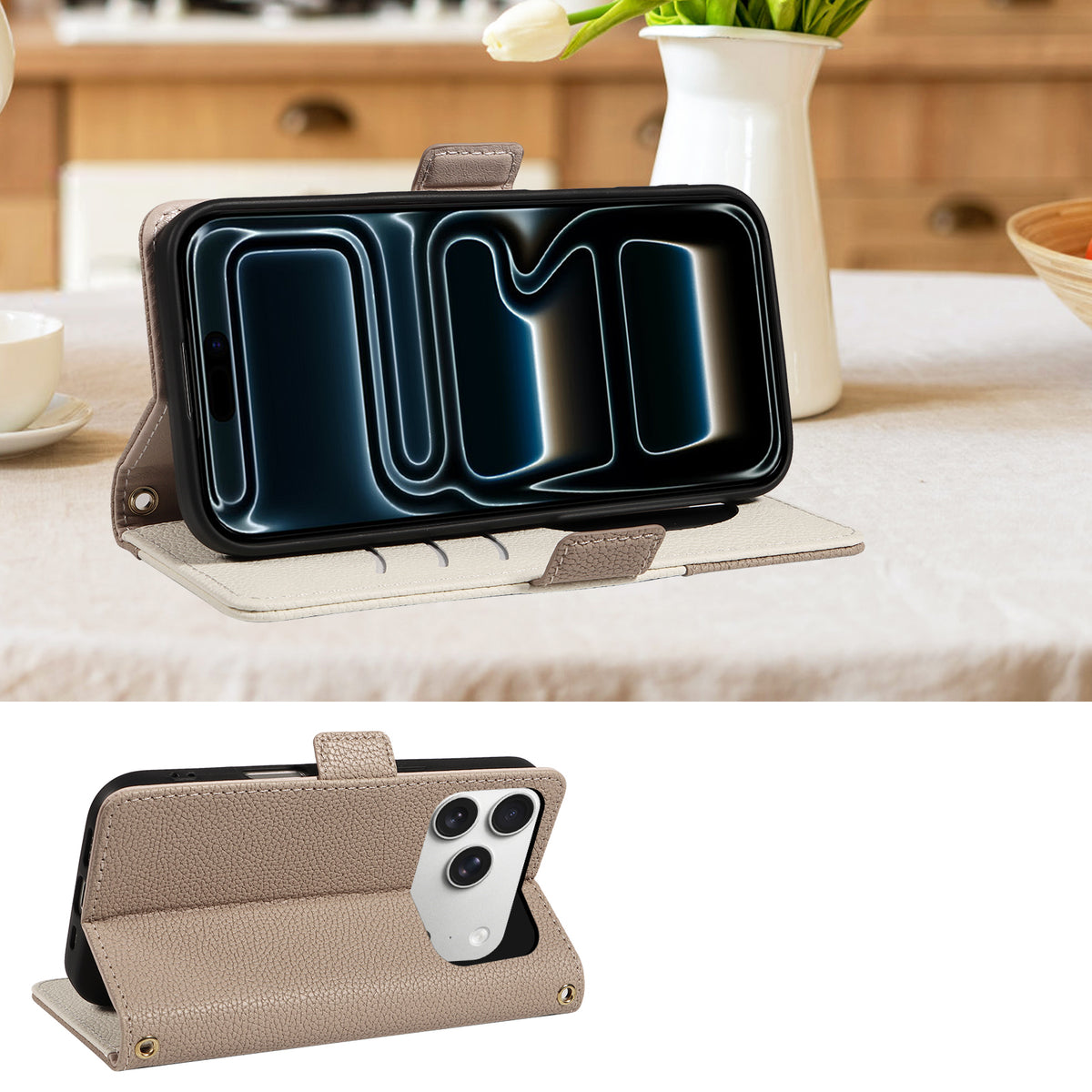 Taupe dual-tone leather wallet case for iPhone set up on a table in horizontal hands-free video viewing kickstand mode.
