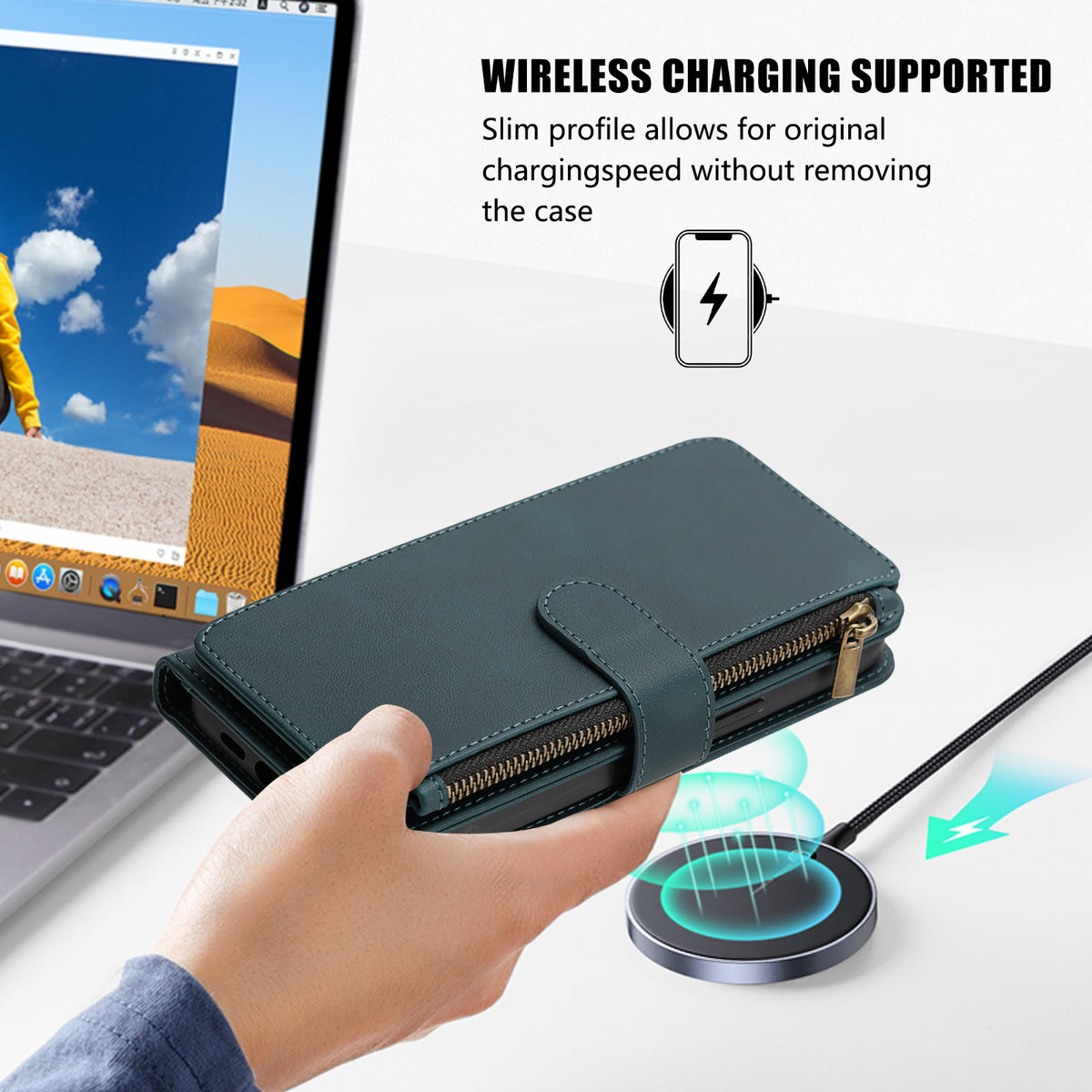Teal leather phone case resting on a Qi wireless charging pad while maintaining full charging speed