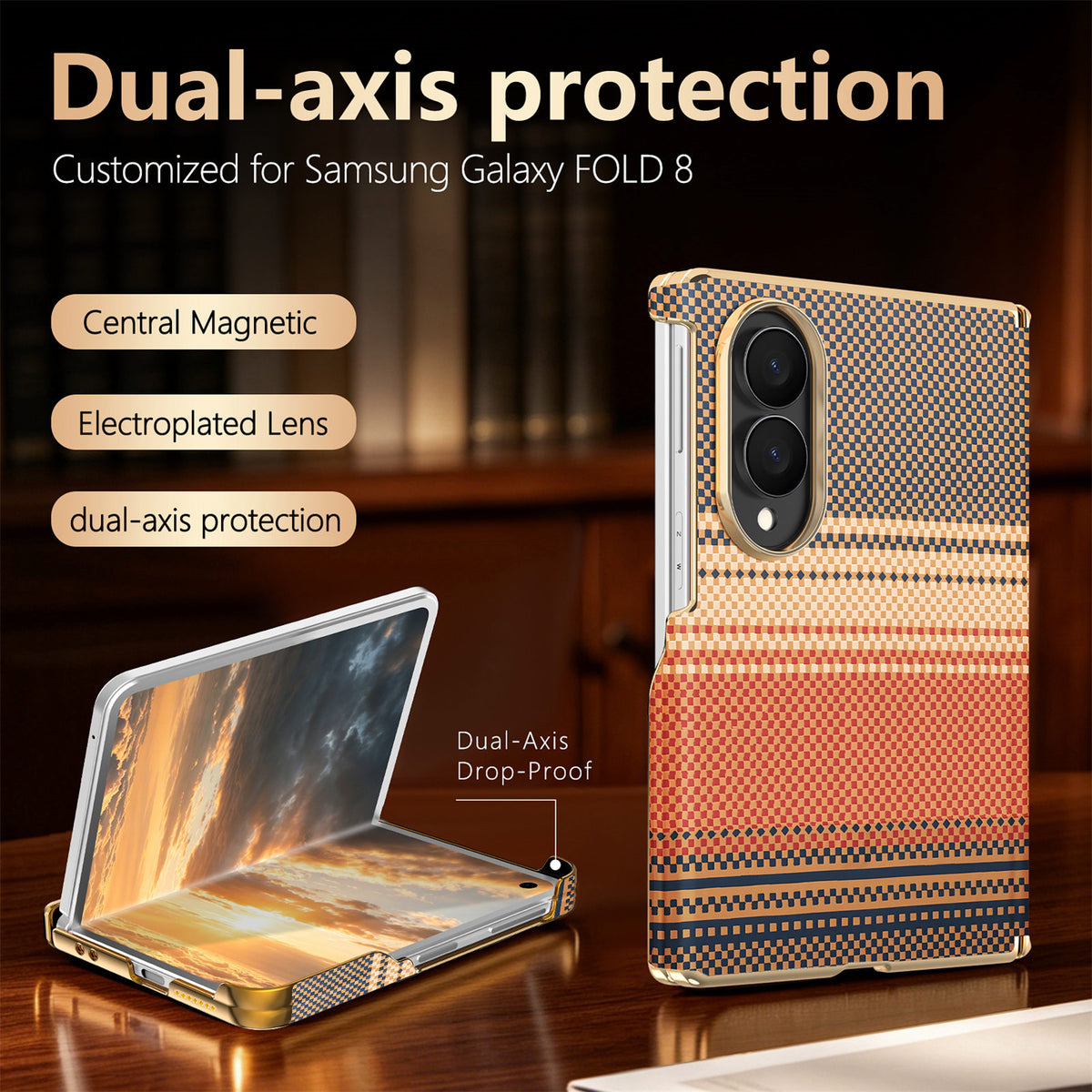 Terracotta plaid Samsung Galaxy Z Fold 8 slim hard case displaying dual-axis magnetic hinge protection and electroplated camera lens frame