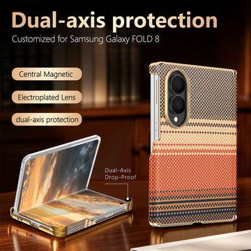 Terracotta plaid Samsung Galaxy Z Fold 8 slim hard case displaying dual-axis magnetic hinge protection and electroplated camera lens frame