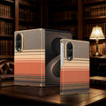 Terracotta plaid patterned Samsung Galaxy Z Fold 8 slim hard case standing unfolded and folded on a wooden study desk