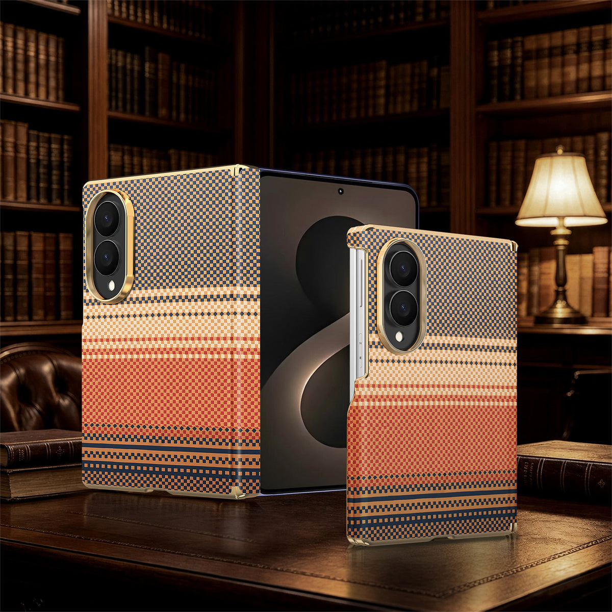 Terracotta plaid patterned Samsung Galaxy Z Fold 8 slim hard case standing unfolded and folded on a wooden study desk