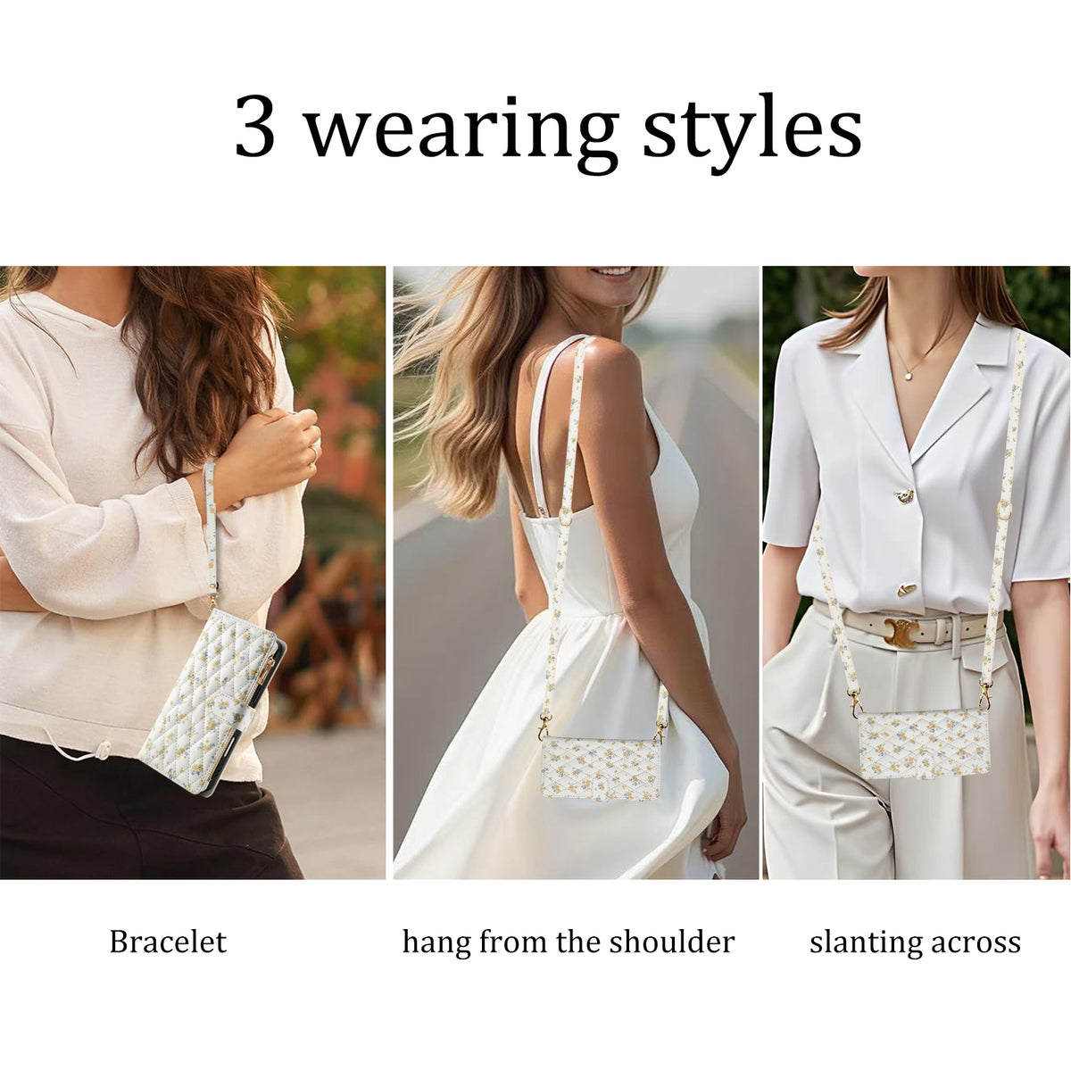 Three wearing styles for iPhone 18 Pro Max floral leather case bracelet wristlet, shoulder bag, and crossbody