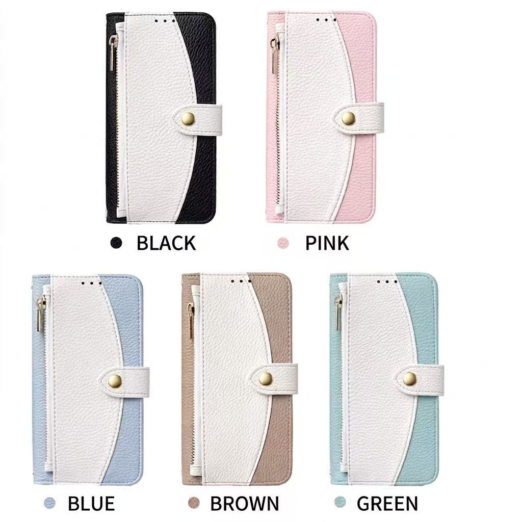 Two-tone leather crossbody zipper wallet case in black, pink, blue, brown, and green for iPhone 17 and 18 series.