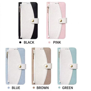 Two-tone leather crossbody zipper wallet case in black, pink, blue, brown, and green for iPhone 17 and 18 series.