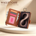 Unfolded brown leather wallet phone case holding a Samsung Galaxy Z Fold 8 showing card slots, clear ID window, cash pocket, and top metal ring grip.
