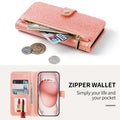 Unfolded rose gold glitter wallet phone case showcasing the open credit card slots, cash pocket, inner vanity mirror, and top zipper coin pocket.