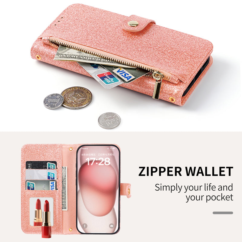 Unfolded rose gold glitter wallet phone case showcasing the open credit card slots, cash pocket, inner vanity mirror, and top zipper coin pocket.