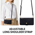V-quilted leather crossbody phone case worn over the shoulder by a model, showing the long adjustable shoulder strap and gold hardware.