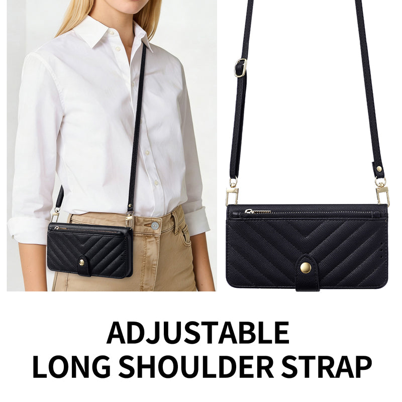 V-quilted leather crossbody phone case worn over the shoulder by a model, showing the long adjustable shoulder strap and gold hardware.