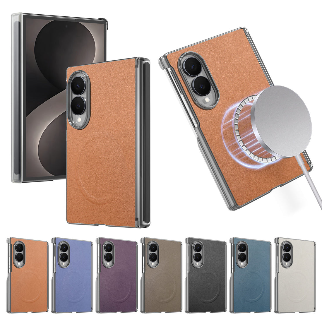 Vegan leather magnetic case for Samsung Galaxy Z Fold 8 shown in multiple color options with wireless charging compatibility.
