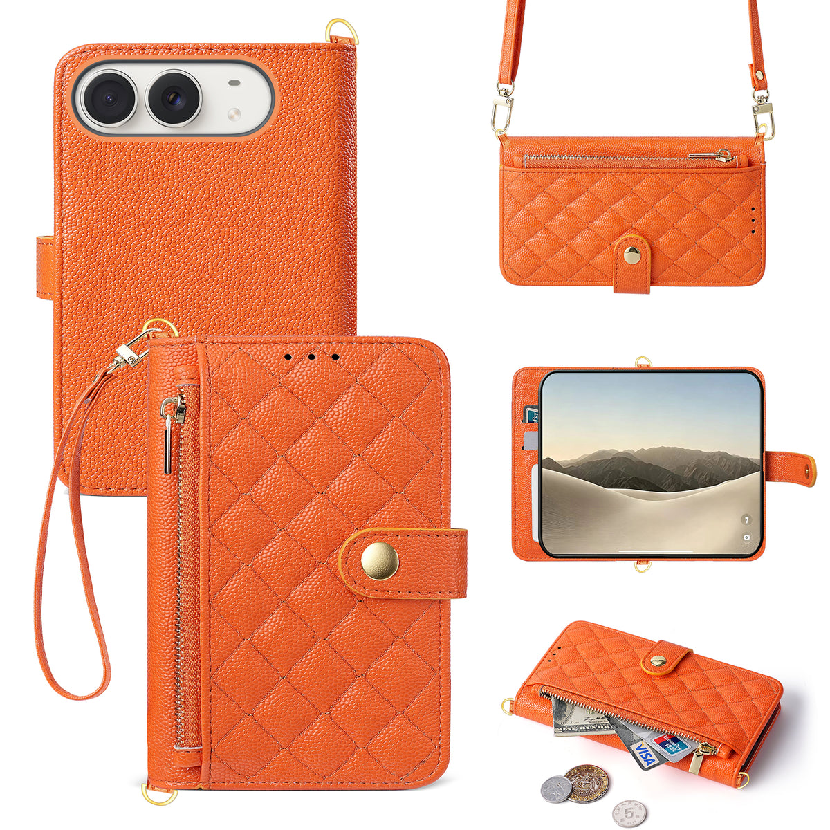 Vibrant Orange leather crossbody folio case for iPhone DUO with gold magnetic clasp