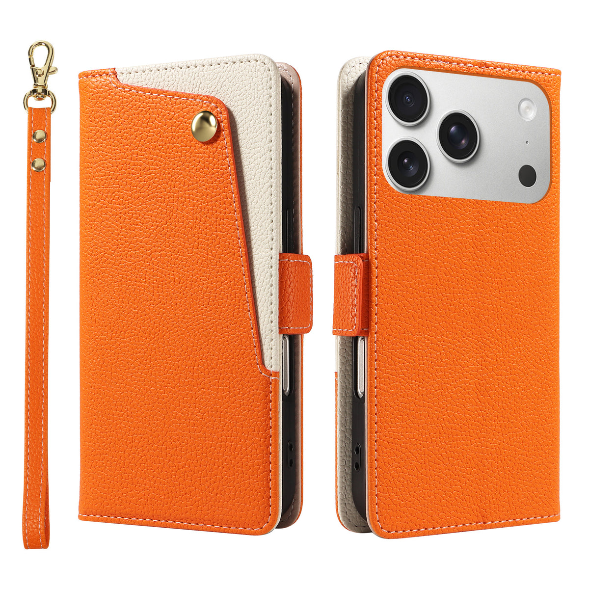 Vibrant orange dual-tone leather wallet case for iPhone displaying the front snap pocket, magnetic latch, camera cutout frame, and detachable matching wristlet strap.