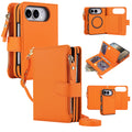 Vibrant orange leather 2-in-1 crossbody wallet purse for iPhone DUO highlighting card slots, magnetic detachable inner cover, zipper bill pocket, and lanyard strap.