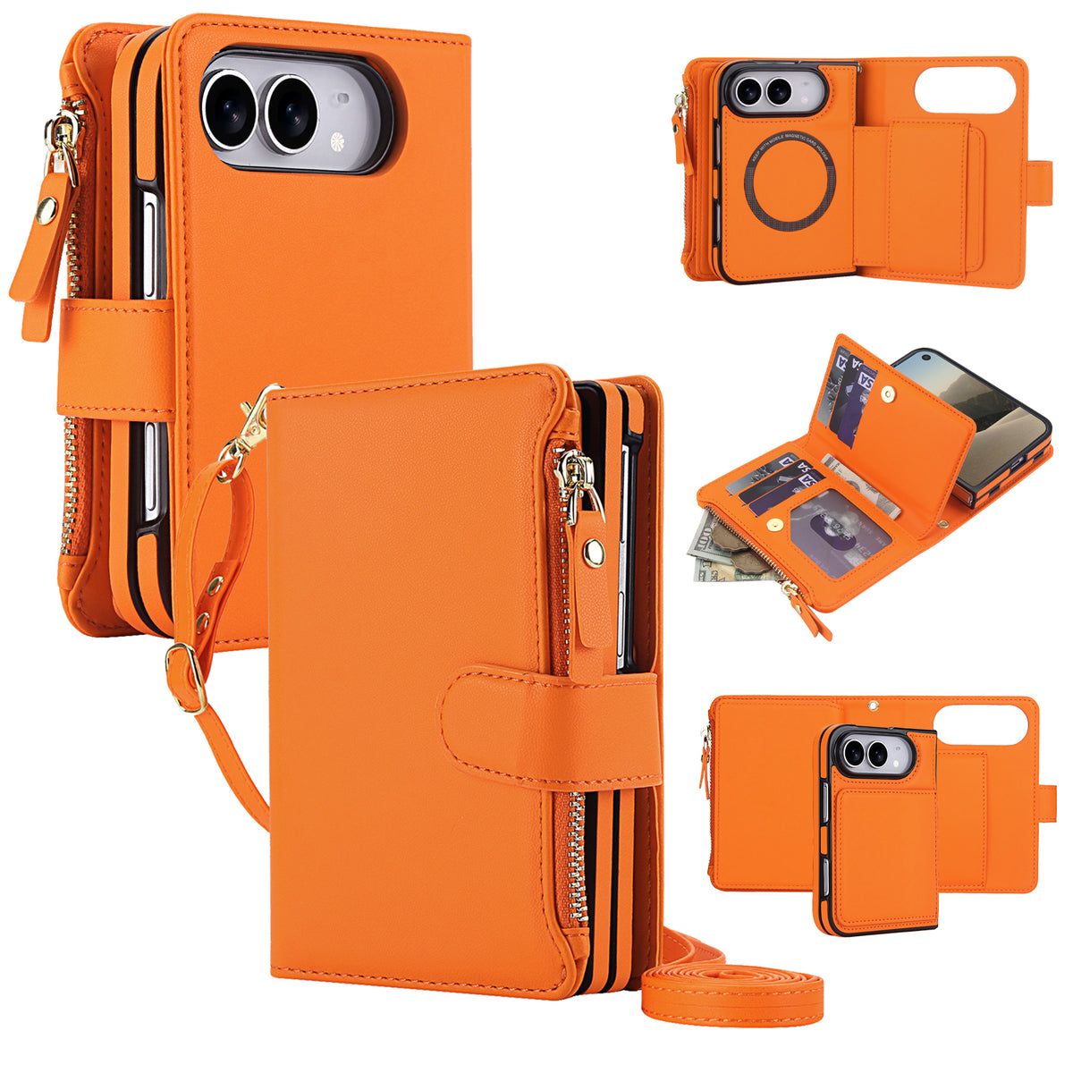 Vibrant orange leather 2-in-1 crossbody wallet purse for iPhone DUO highlighting card slots, magnetic detachable inner cover, zipper bill pocket, and lanyard strap.