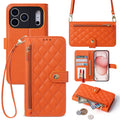 Vibrant orange quilted leather crossbody phone wallet case with zipper pouch, card slots, and matching wristlet strap.