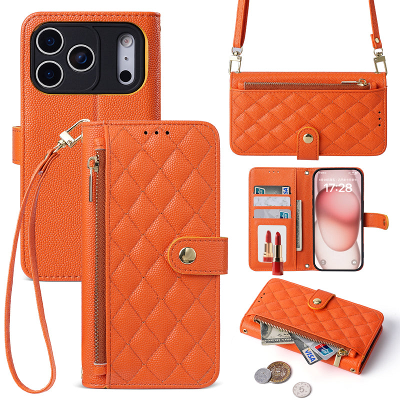 Vibrant orange quilted leather crossbody phone wallet case with zipper pouch, card slots, and matching wristlet strap.
