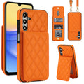 Vibrant orange quilted leather crossbody wallet case for Samsung Galaxy A-Series displaying full composite views, including rear snap card slots, photo ID window, detachable shoulder lanyard, and vertical kickstand mode.