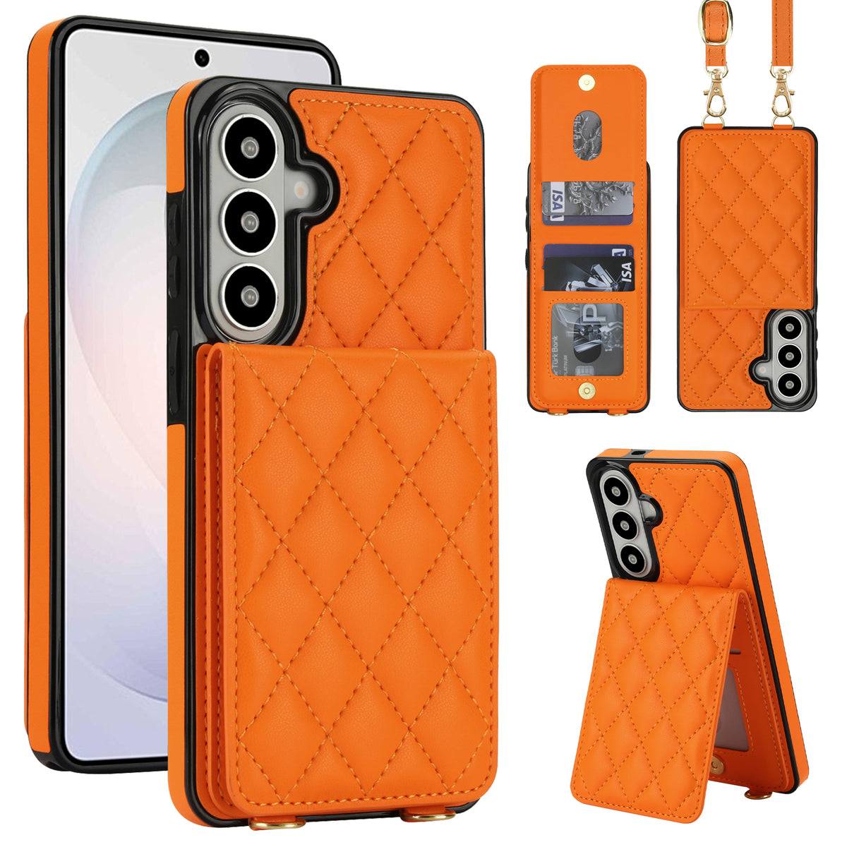 Vibrant orange quilted leather crossbody wallet case for Samsung Galaxy A-Series displaying full composite views including rear card slot flap, open ID window, detachable lanyard strap, and kickstand mode