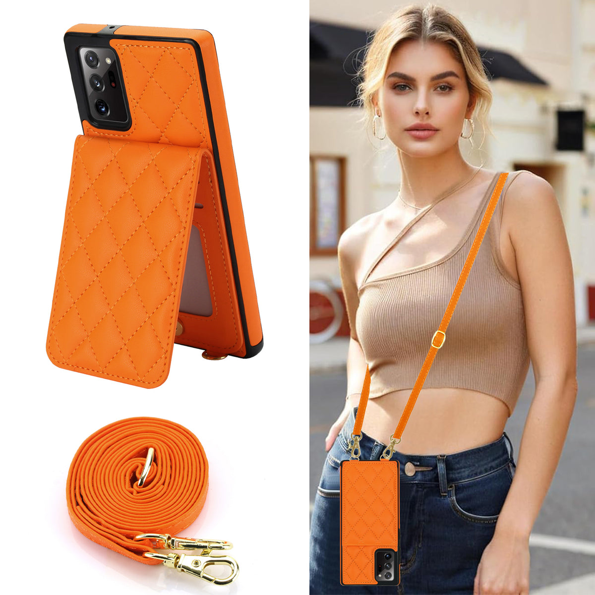 Vibrant orange quilted leather crossbody wallet case for Samsung Galaxy A73-A71 demonstrated on a model wearing an adjustable shoulder strap next to the folded lanyard.