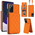 Vibrant orange quilted leather crossbody wallet case for Samsung Galaxy A73-A71 displaying full composite views including rear card slot flap, open ID window, detachable lanyard strap, and kickstand mode.