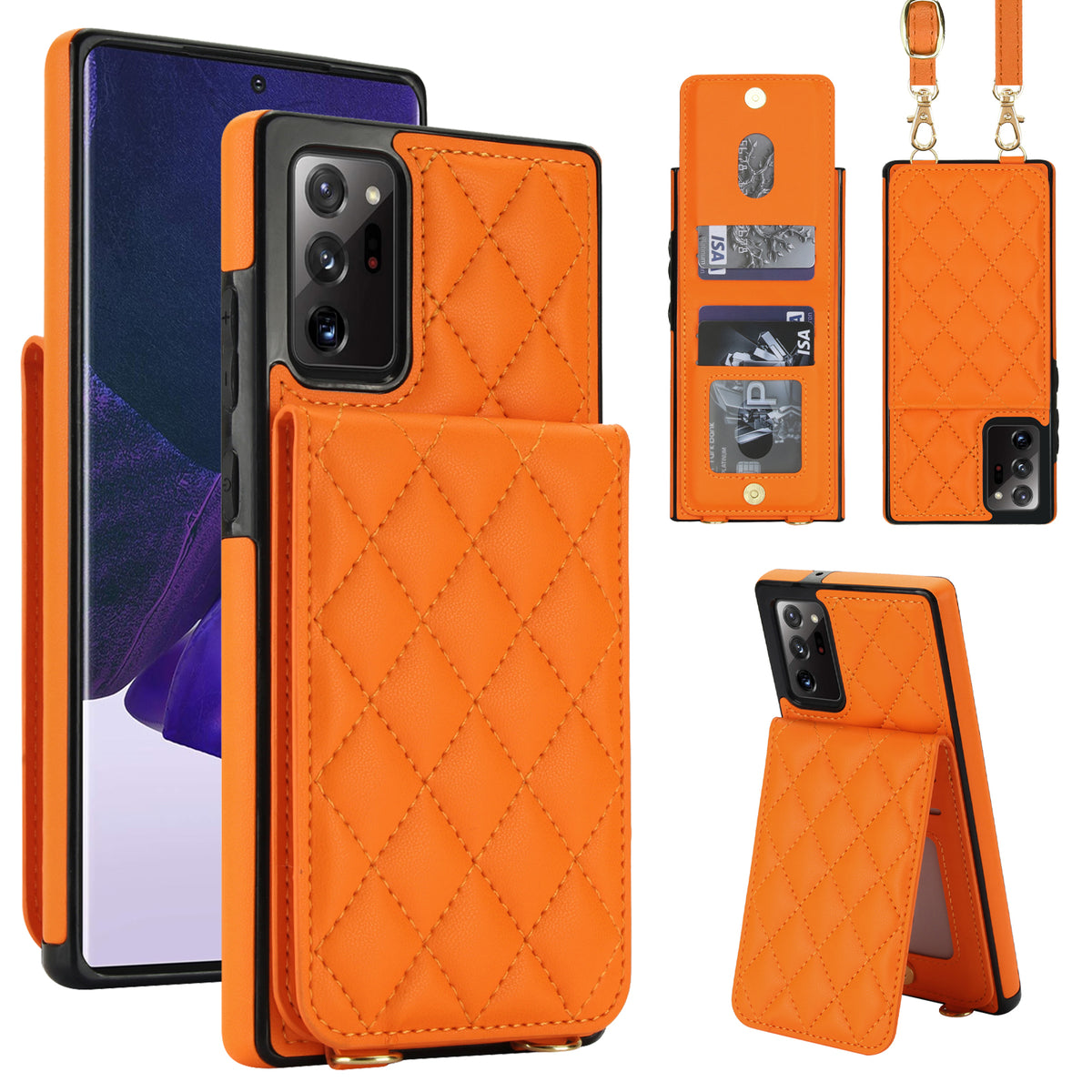 Vibrant orange quilted leather crossbody wallet case for Samsung Galaxy A73-A71 displaying full composite views including rear card slot flap, open ID window, detachable lanyard strap, and kickstand mode.