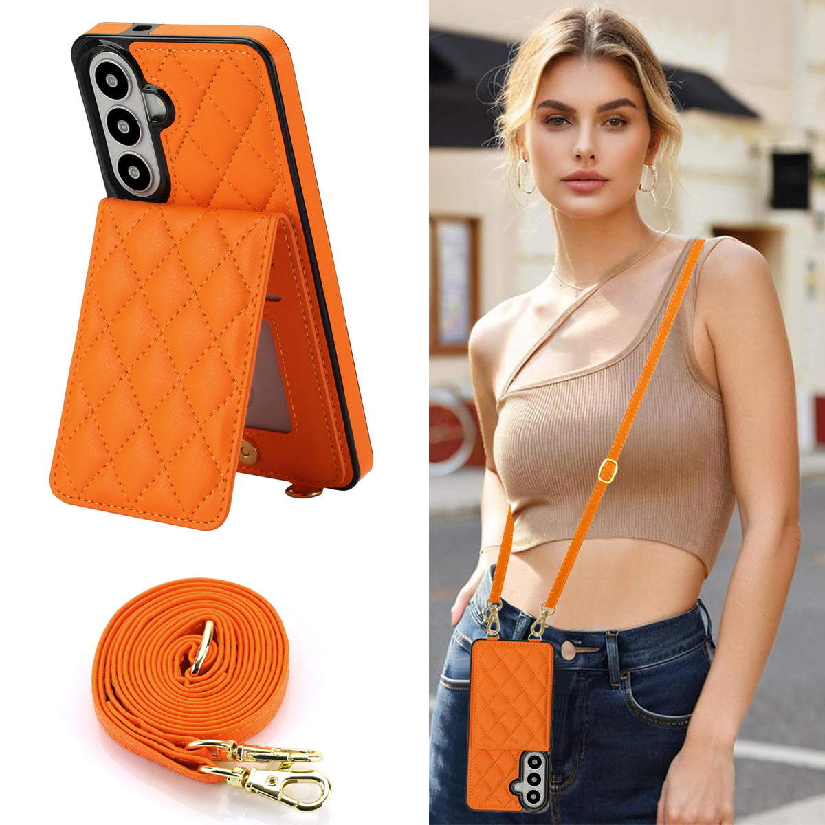 Vibrant orange quilted leather crossbody wallet case for Samsung Galaxy demonstrated on a model wearing an adjustable shoulder strap next to the folded lanyard.