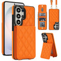 Vibrant orange quilted leather phone wallet case for Samsung Galaxy displaying open card slot wallet feature and hands-free kickstand
