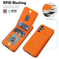Vibrant orange quilted leather wallet case for Samsung Galaxy A-Series showing open snap-button compartment with credit card slots, ID window, and RFID signal blocking material layer diagram.
