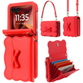 Vibrant red bow leather phone wallet case for Motorola RAZR displaying multi-way carry options as a shoulder bag and wristlet alongside the open RFID card slots.
