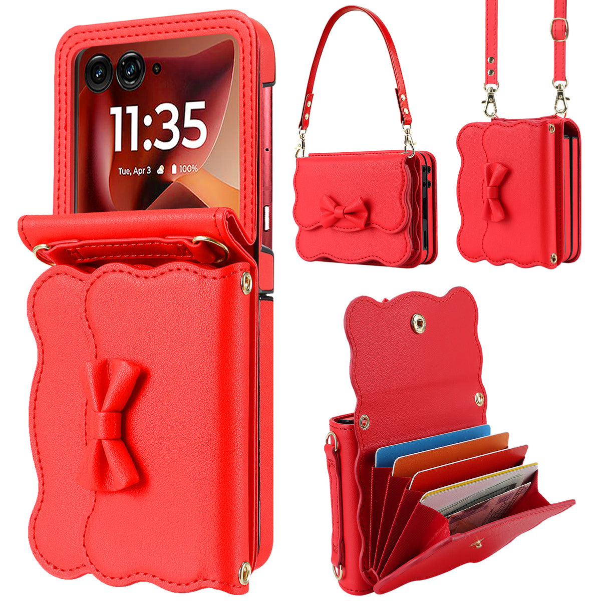 Vibrant red bow leather phone wallet case for Motorola RAZR displaying multi-way carry options as a shoulder bag and wristlet alongside the open RFID card slots.