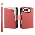Vibrant red dual-tone leather wallet case for iPhone DUO featuring the cream contrast snap pocket on the front cover, back camera protection, and wrist strap.