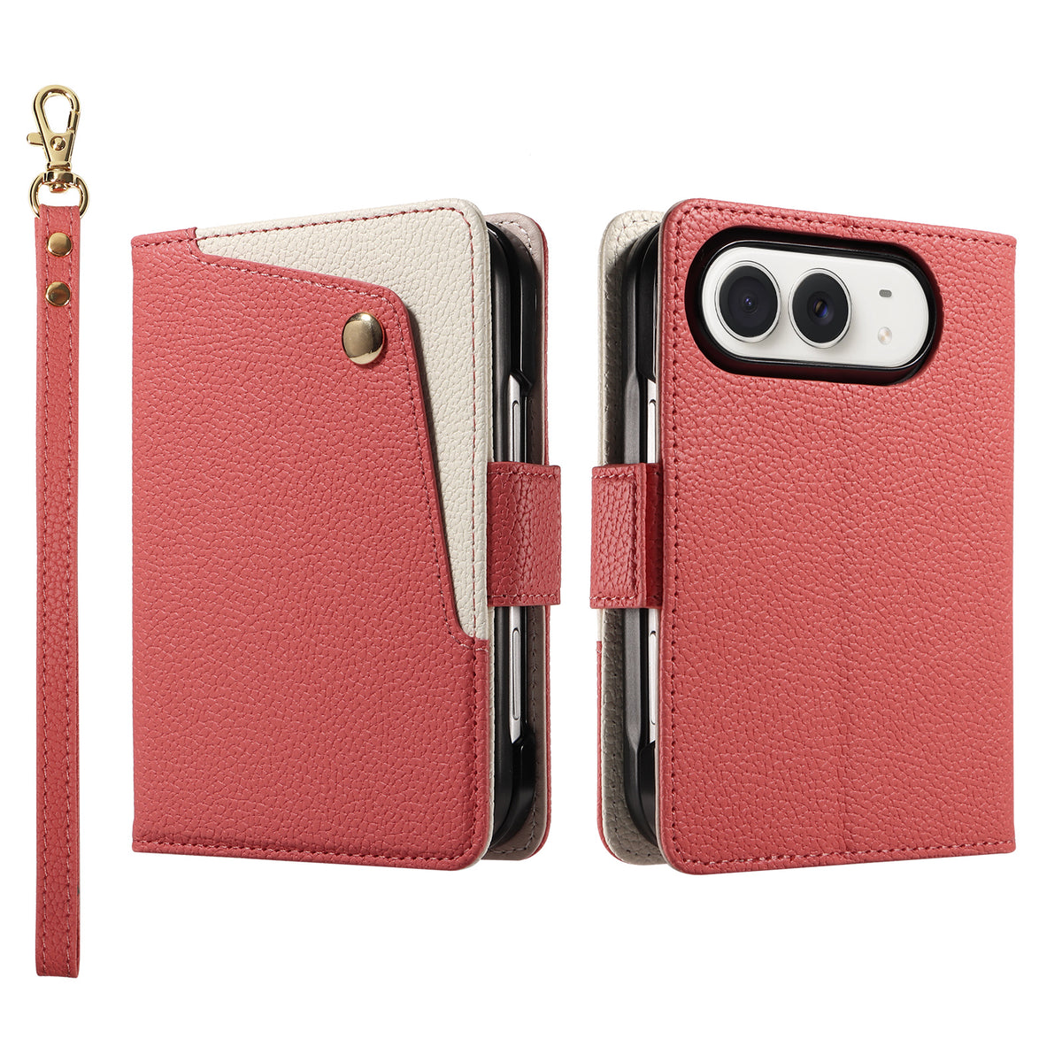 Vibrant red dual-tone leather wallet case for iPhone DUO featuring the cream contrast snap pocket on the front cover, back camera protection, and wrist strap.