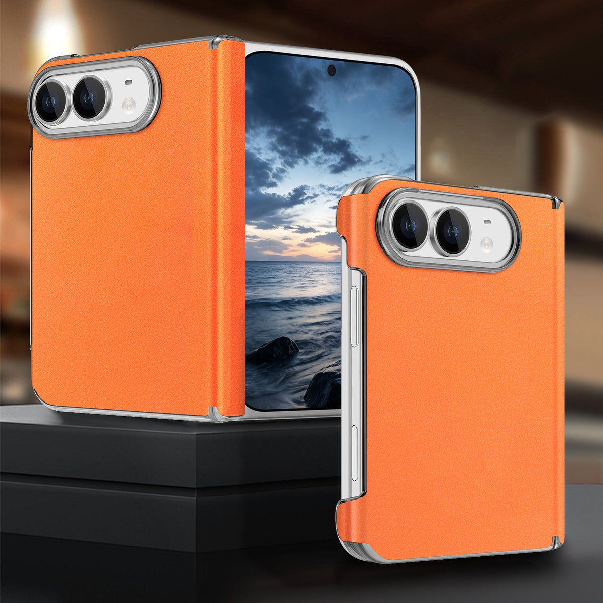 Vibrant sunset orange vegan leather iPhone DUO hinge case shown in folded and unfolded views.