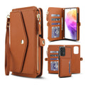 Vintage brown 2-in-1 detachable magnetic leather wallet case for Samsung Galaxy A73 A72 showing internal card slots and removable back shell.