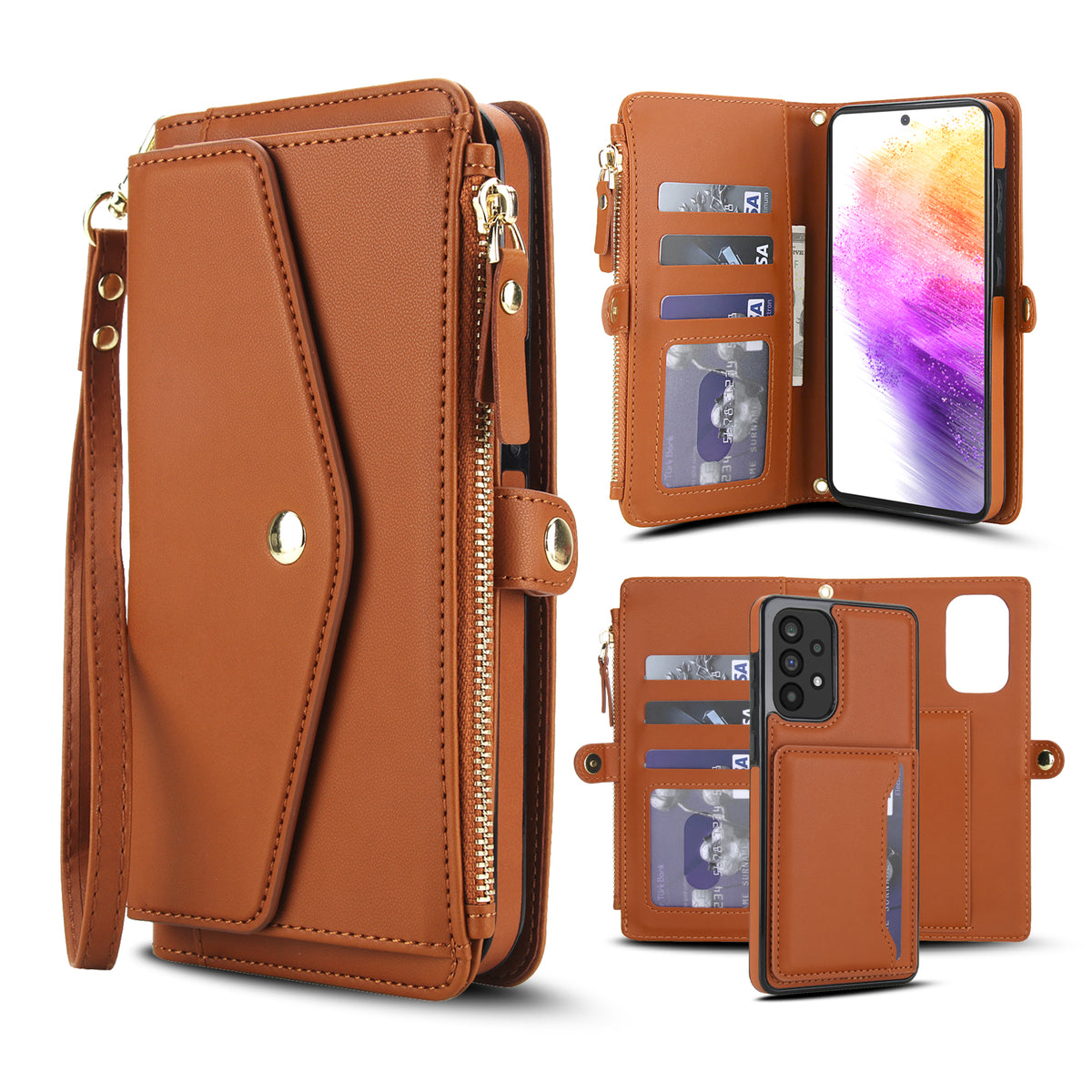 Vintage brown 2-in-1 detachable magnetic leather wallet case for Samsung Galaxy A73 A72 showing internal card slots and removable back shell.