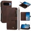 Vintage brown leather Google Pixel wallet case shown with matching wristlet strap, side zipper coin pocket, card slots layout, and kickstand function.