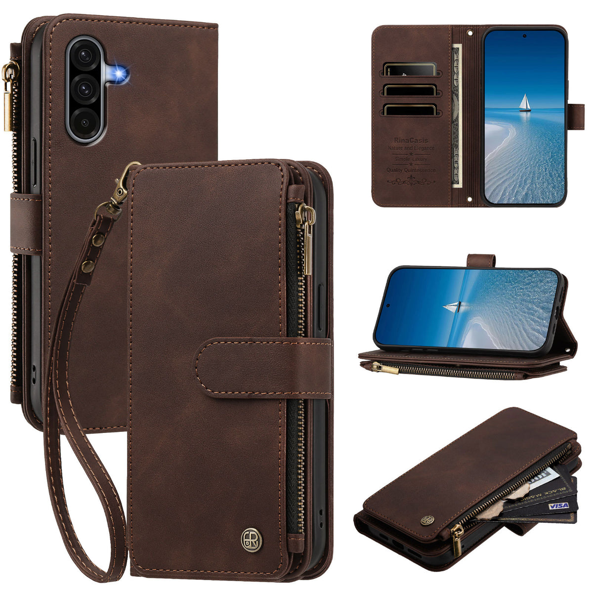 Vintage brown leather Samsung Galaxy A series crossbody wallet phone case with wristlet lanyard and zipper coin pouch