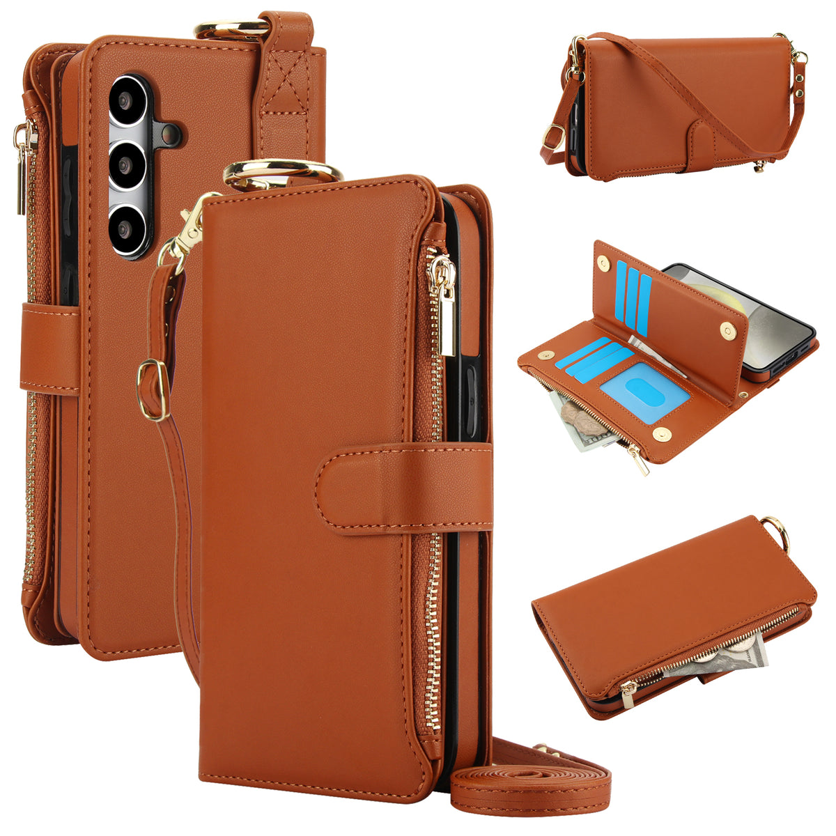 Vintage brown leather crossbody wallet case for Samsung Galaxy A-series displaying closed front and back views, top gold ring, open card slots flap, zippered coin purse, and long shoulder strap.