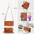 Vintage brown leather crossbody wallet case for Samsung Galaxy A73 A72 detailing 80cm to 150cm lanyard measurements and RFID blocking technology layer.