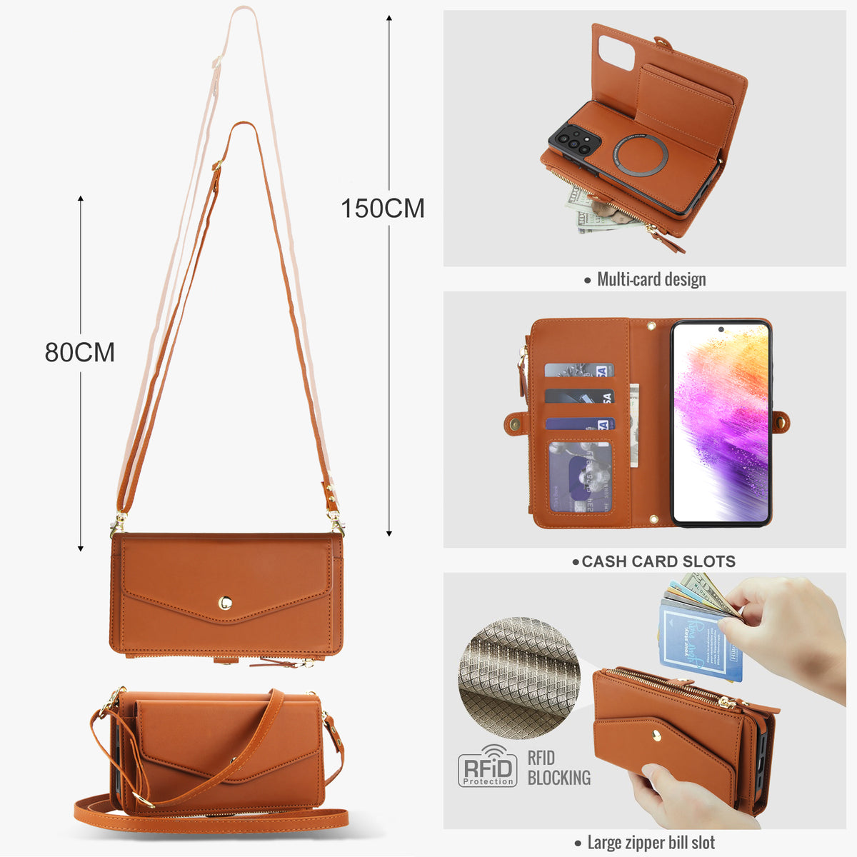 Vintage brown leather crossbody wallet case for Samsung Galaxy A73 A72 detailing 80cm to 150cm lanyard measurements and RFID blocking technology layer.