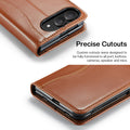 Vintage brown leather wallet case for iPhone DUO detailing precise cutouts around rear camera lenses, top speaker, and bottom charging port.